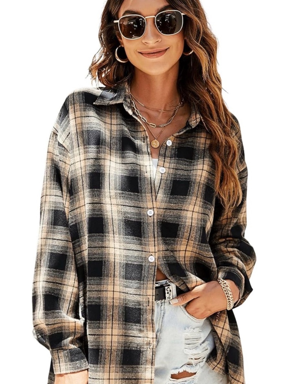Plaid Button-Down Shirt - Beige and Black